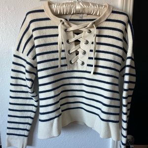 Madewell Striped 100% Merino Wool Lace Up Sweater